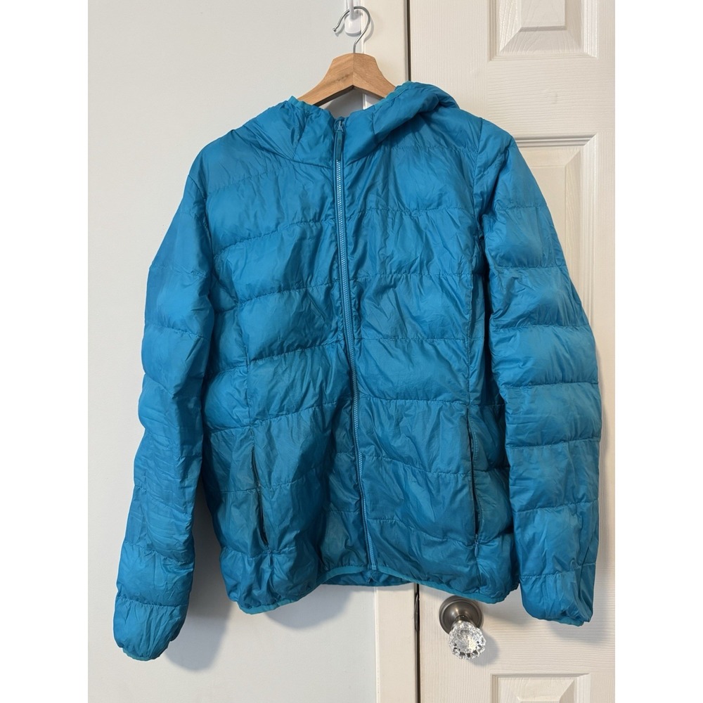 TNA Aritizia The Little Puff Goose Down Jacket Women Sz L Blue Hooded Packable